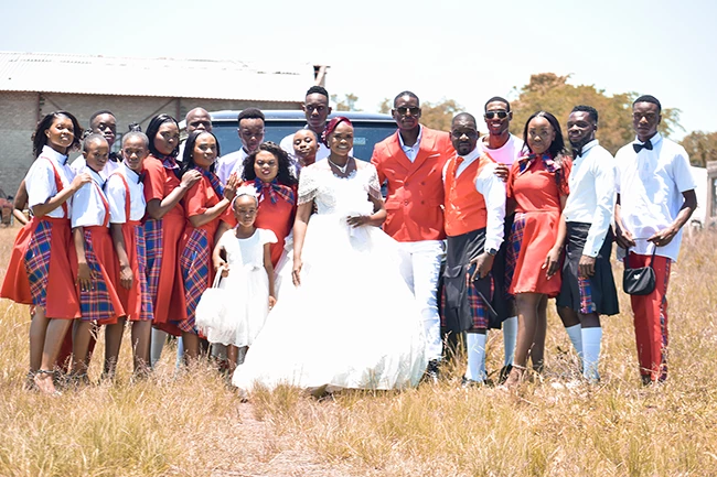 Wedding group photo with family and friends